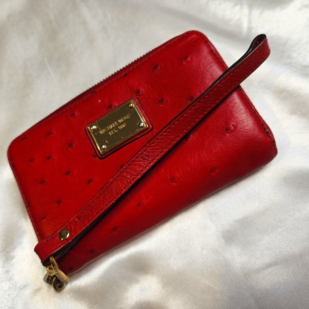 Michael Kors Red Ostrich Leather Zip Around Wristlet - Picture 5 of 7
